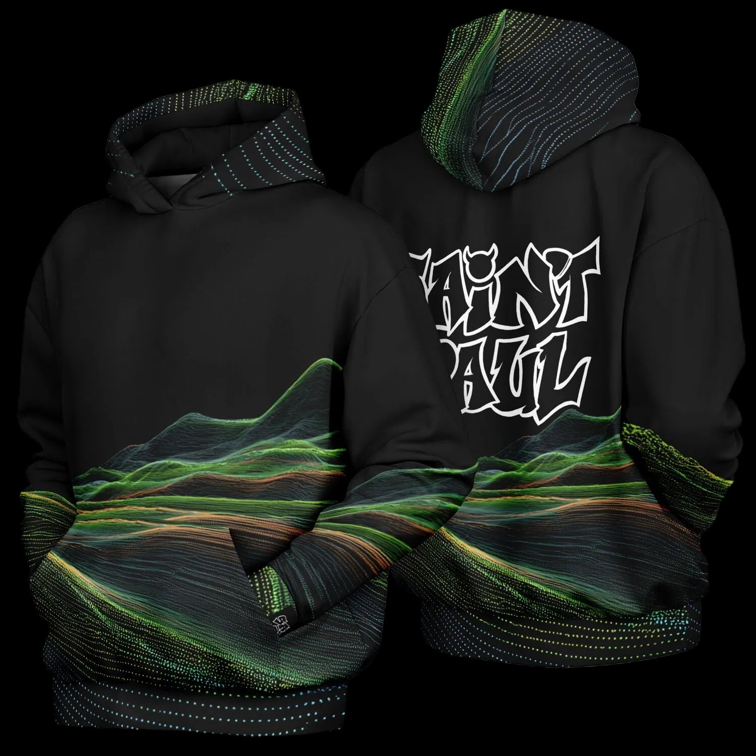 Black hoodie with green landscape design on front and 'SAIN'T PAUL' logo on back