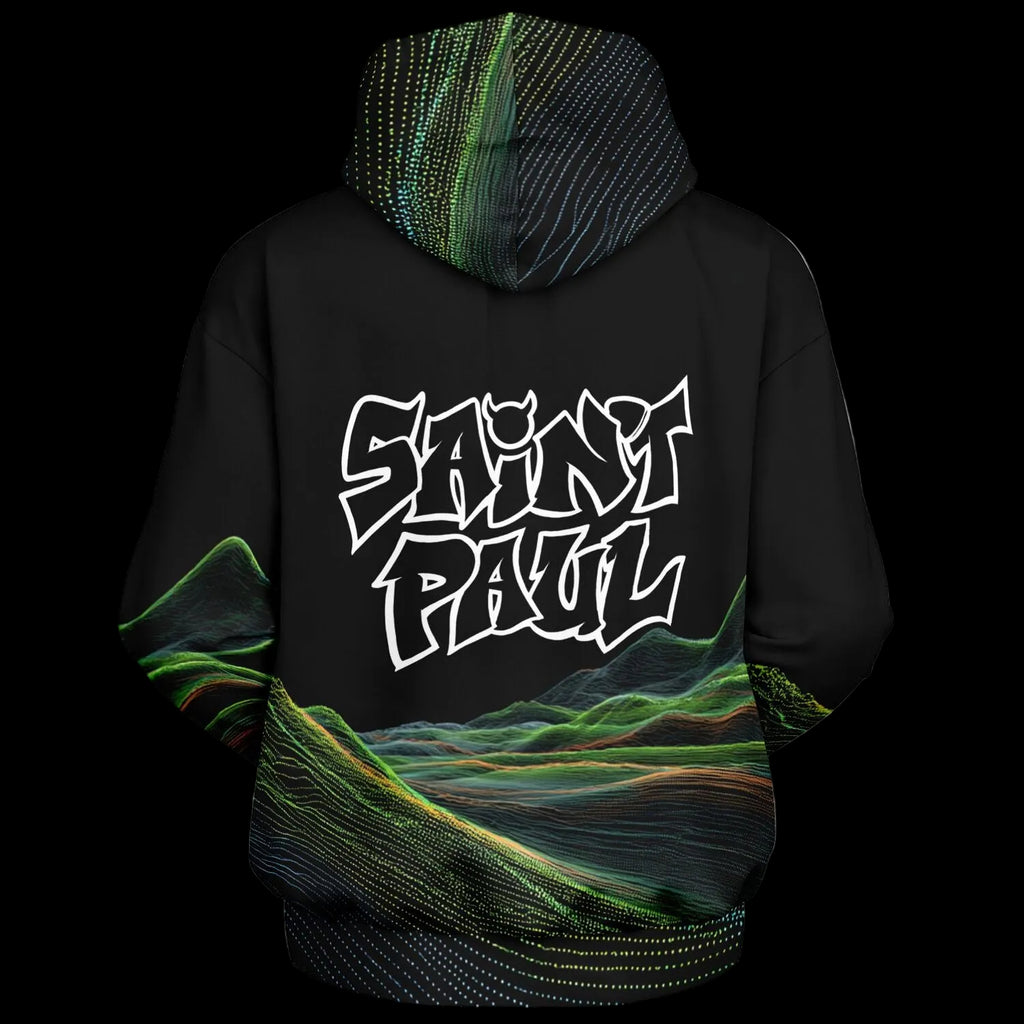 Black hoodie with 'Sain't Paul' logo and colorful landscape design on a black background
