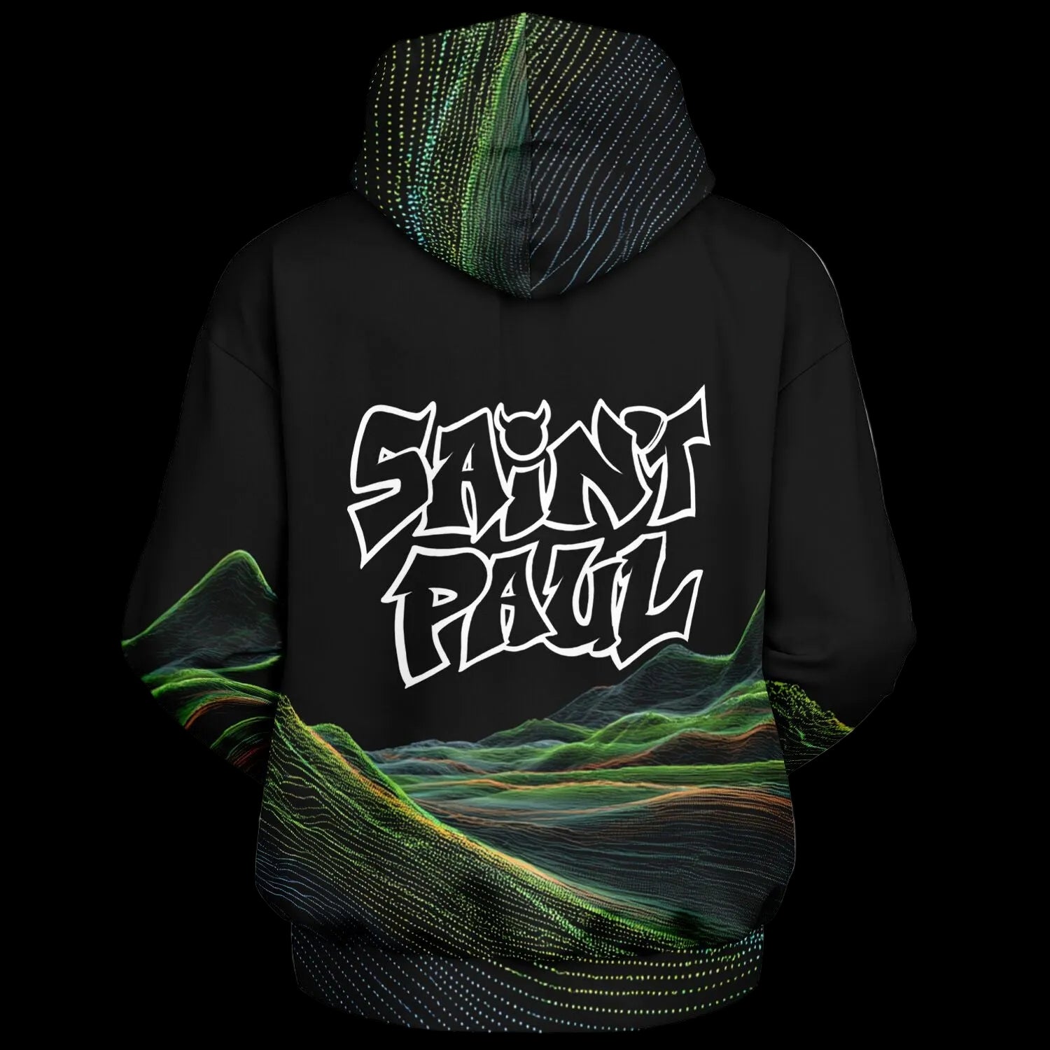 Black hoodie with 'Sain't Paul' logo and colorful landscape design on a black background