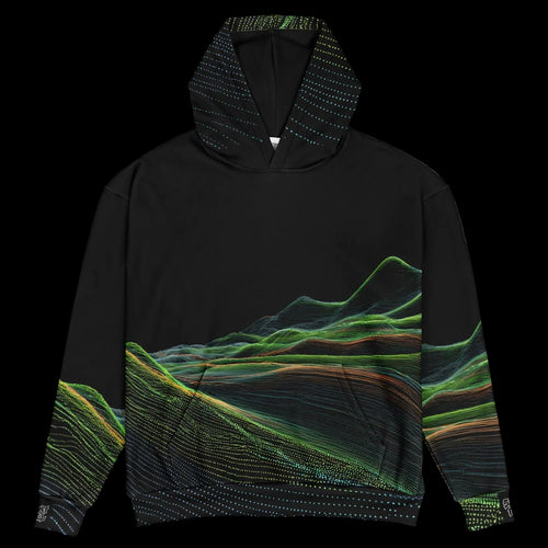 Black hoodie with a colorful landscape design on a black background