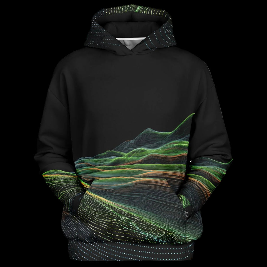 Black hoodie with a green landscape design on a black background