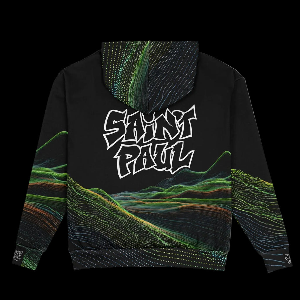Black hoodie with 'Sain't Paul' logo and abstract green design on a black background