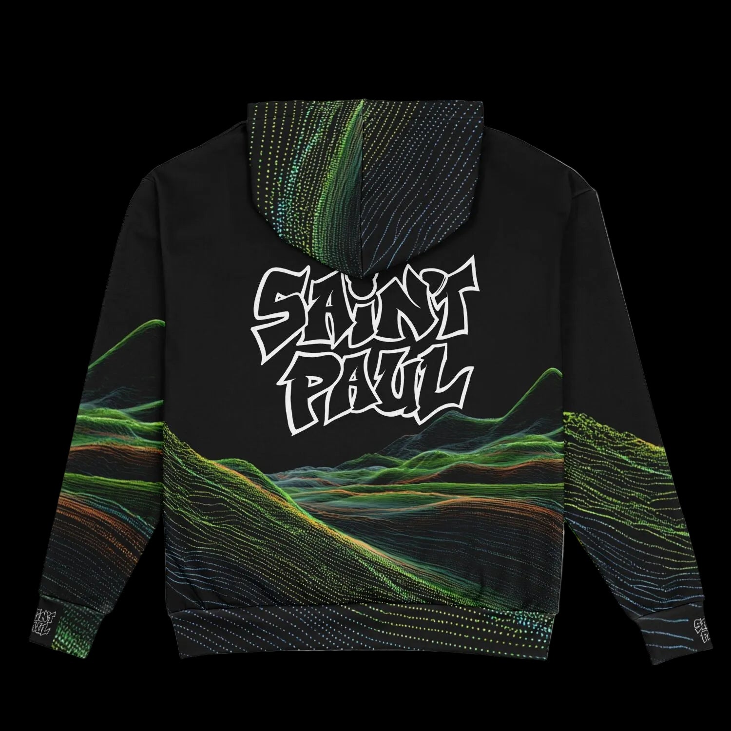 Black hoodie with 'Sain't Paul' logo and abstract green design on a black background